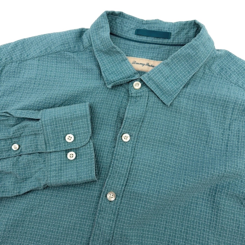 Tommy Bahama Shirt Mens XL Green Silk Cotton Grid Long Sleeve Casual Lightweight